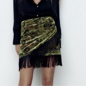 Zara Tribal Print Fringe Velvet Skirt